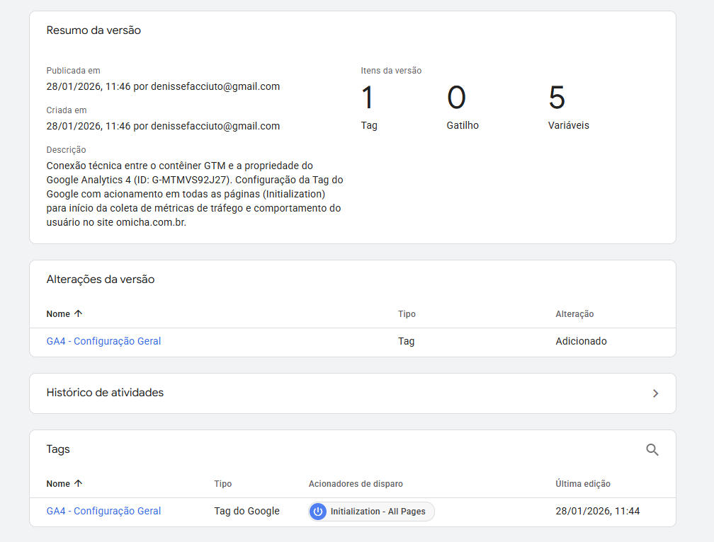 Print do painel Google Tag Manager mostrando a configuração da Tag do Google para rastreamento de e-commerce e performance