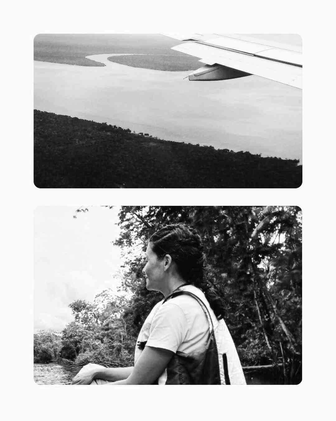 Pelos rios da Amazônia, aprendendo com as comunidades ribeirinhas para levar a verdade da origem à minha estratégia de performance. Colagem de fotos de pesquisa de campo na Amazônia: vista aérea de rios, pesquisadora em barco e navegação fluvial. Representação visual da coleta de dados in loco para marketing de produtos de origem.